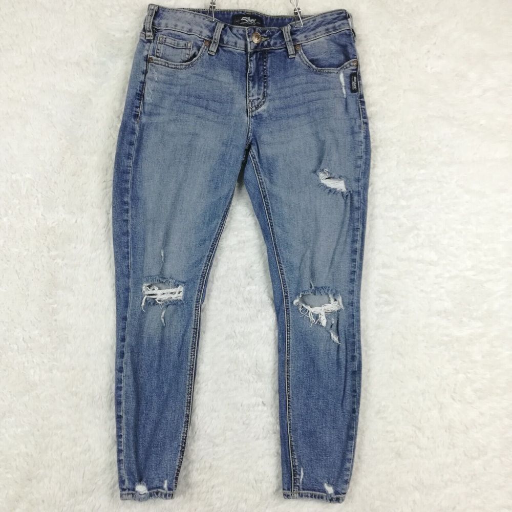 Silver Jeans Womens Elyse Super Skinny Ankle Denim Blue Destructed Ripped Mid 28